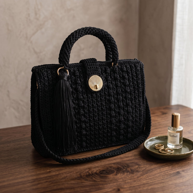 Stylish black crossbody women's handbag with textured design and a stylish tassel detail