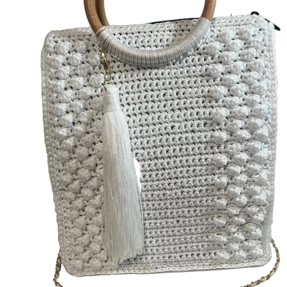 Stylish ThreadsByHannah Crossbody Womens Handbag Tote with woven design and decorative tassel
