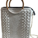Stylish cream Crossbody Womens Handbag Tote with wooden handles and chain strap for versatile use