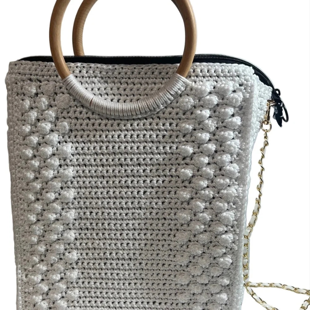 Stylish cream Crossbody Womens Handbag Tote with wooden handles and chain strap for versatile use