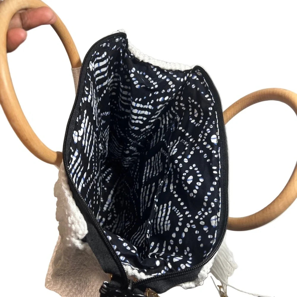 Interior view of ThreadsByHannah Crossbody Womens Handbag Tote with stylish black and white patterned lining