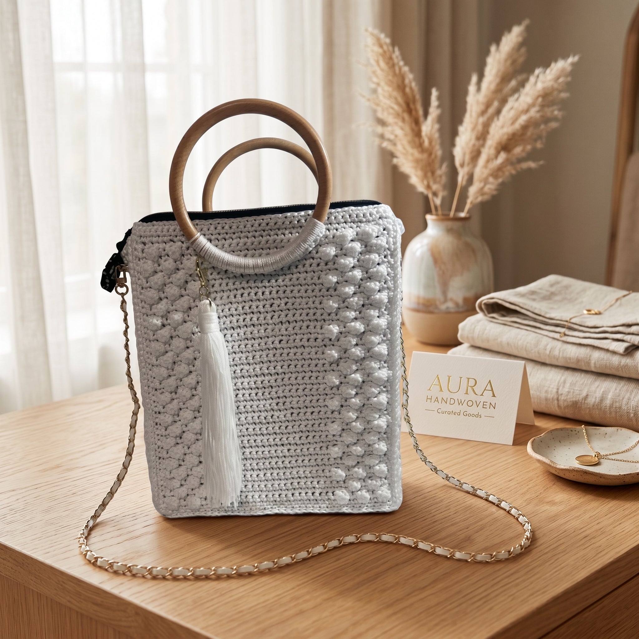 Stylish crocheted Crossbody Womens Handbag Tote with wooden handles and a detachable strap