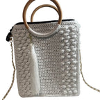 White woven Crossbody Womens Handbag Tote with wooden handles and removable chain strap
