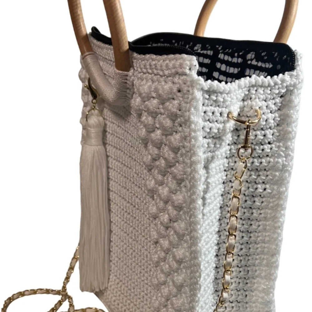 Stylish white Crossbody Womens Handbag Tote with braided design and tassel detail
