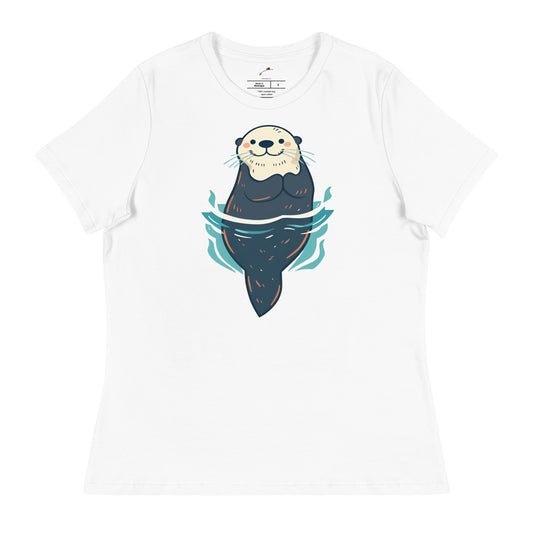 white curious sea otter t-shirt featuring a smiling sea otter graphic with water waves
