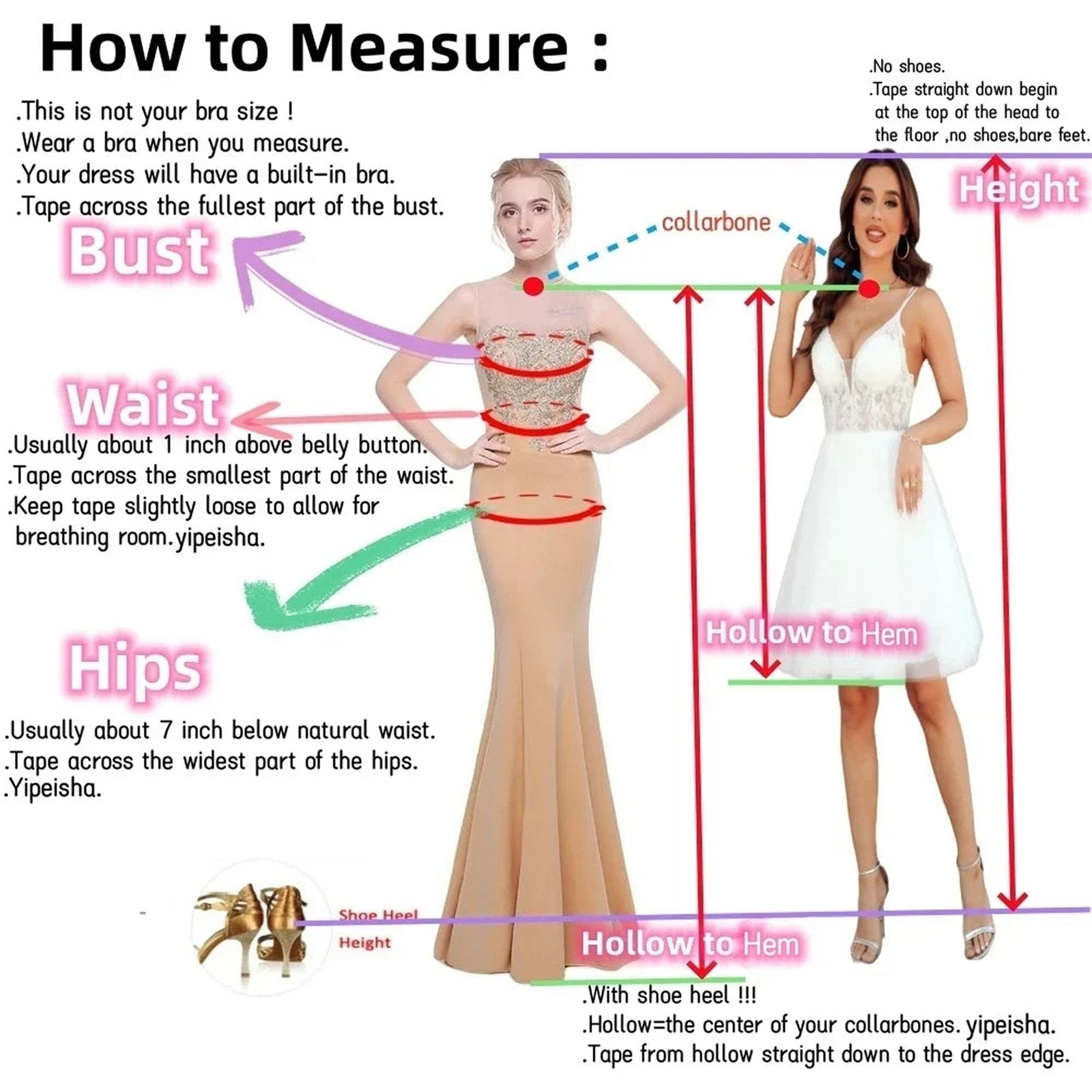 Measuring guide for a custom Arabic lilac mermaid prom dress with bust, waist, and hip instructions