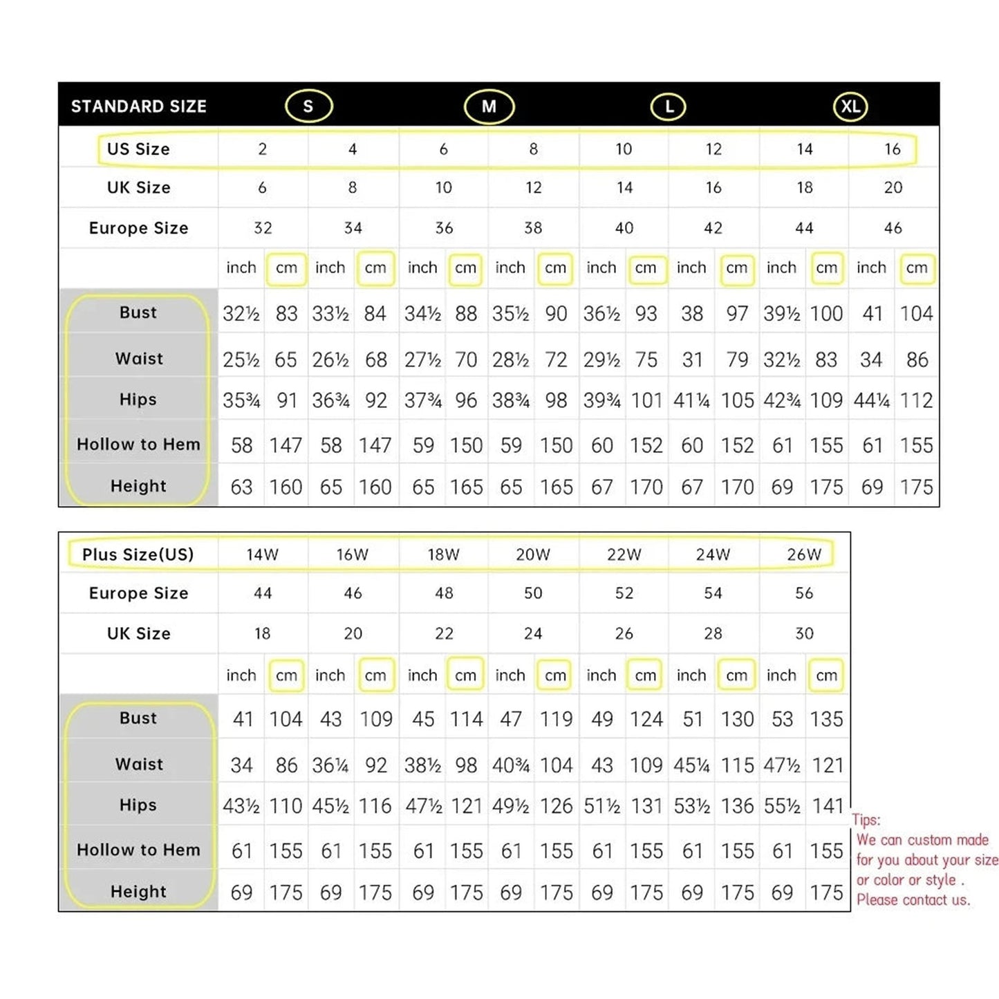 Custom Arabic lilac mermaid prom dress size chart with detailed measurements for perfect fit