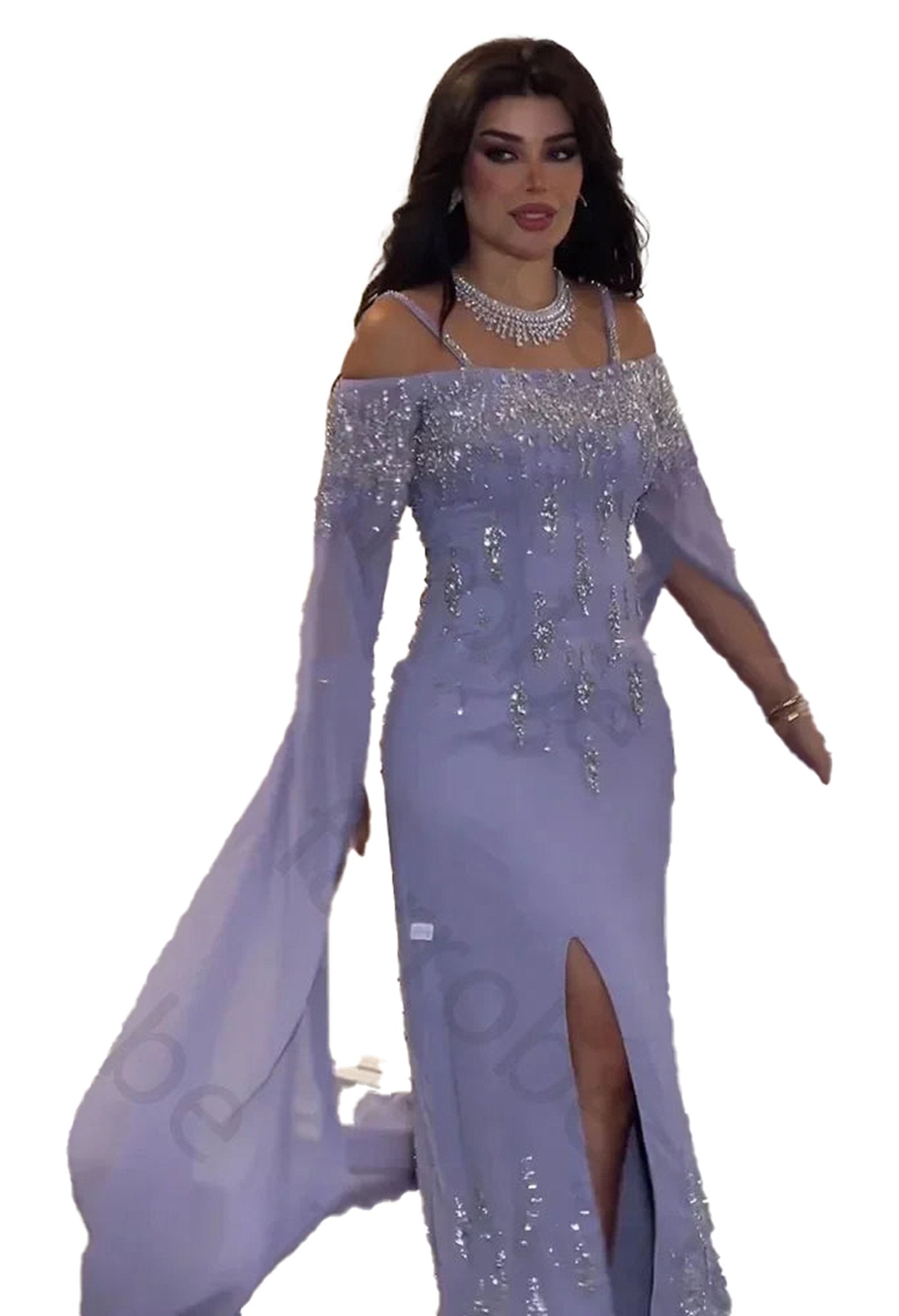 Custom Arabic lilac mermaid prom dress with sparkling details and elegant off-shoulder sleeves