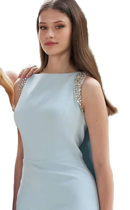 Custom baby blue mermaid evening dress with elegant embellishments on the shoulders