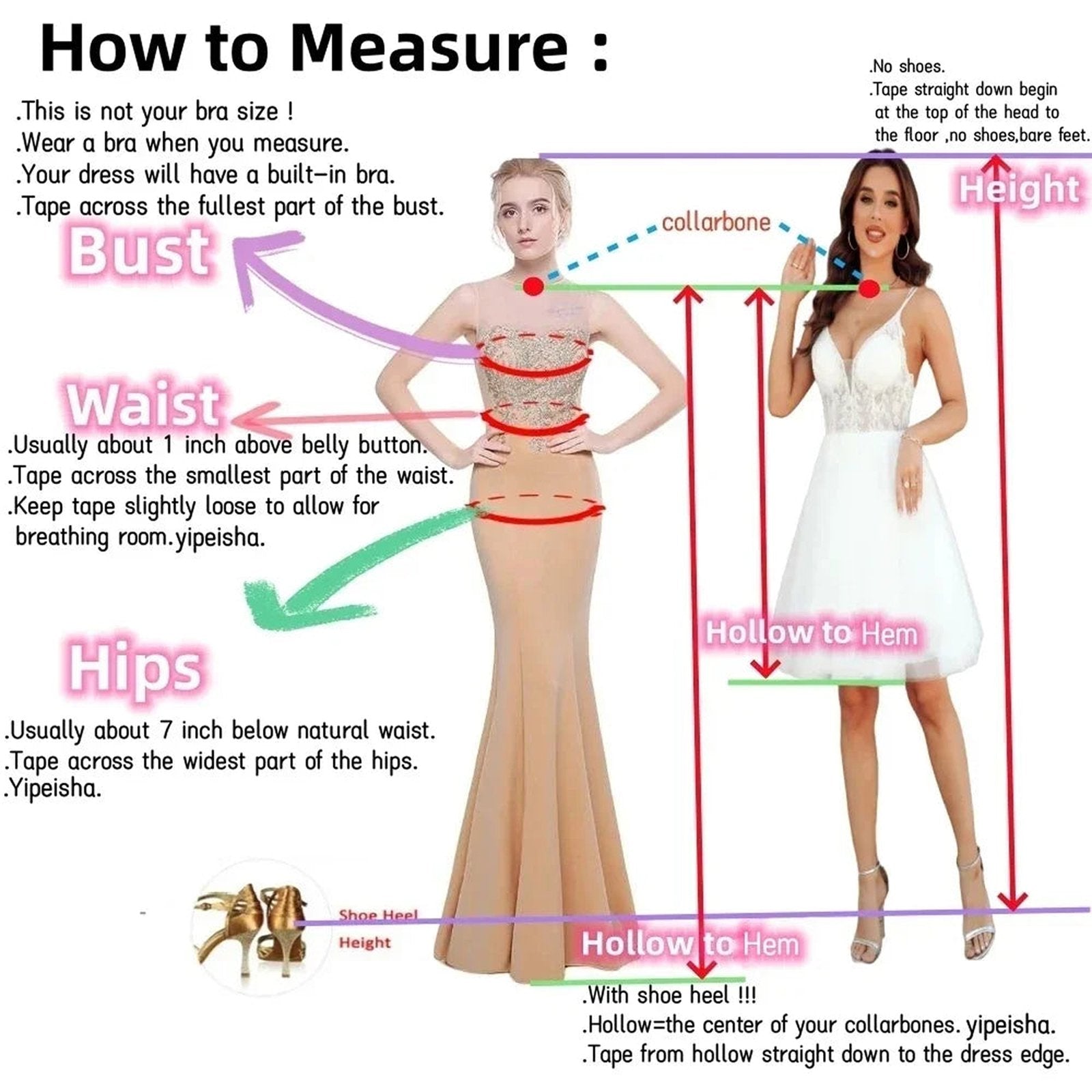 Measuring guide for custom baby blue mermaid evening dress with detailed instructions for bust, waist, and hips