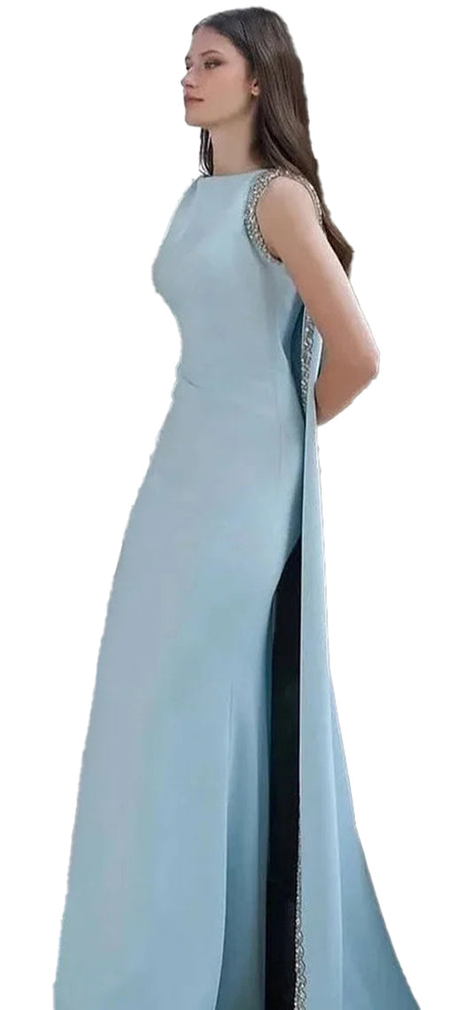 Custom baby blue mermaid evening dress with elegant detailing and a flattering silhouette