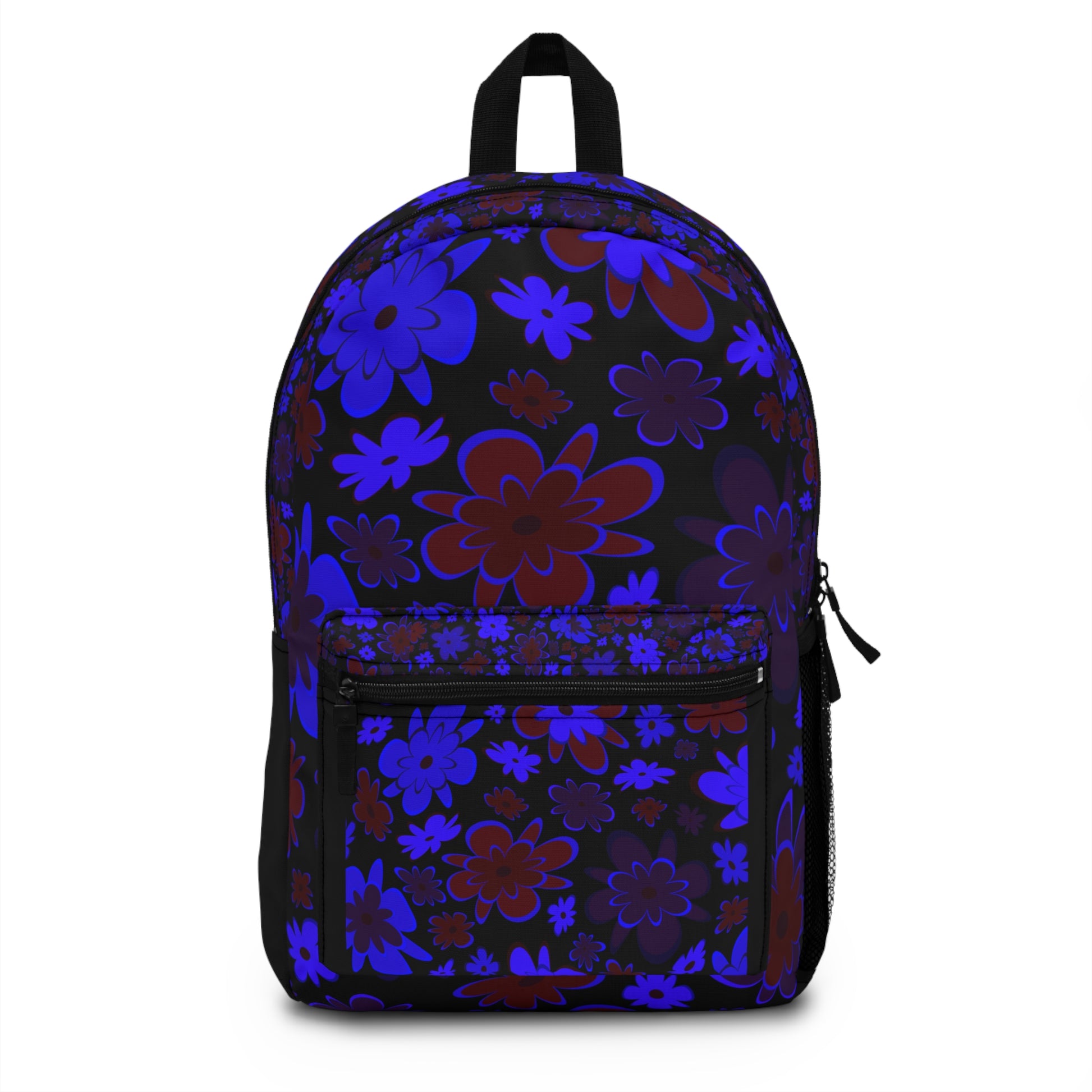 Custom blue flower backpack with vibrant floral patterns and convenient front pocket