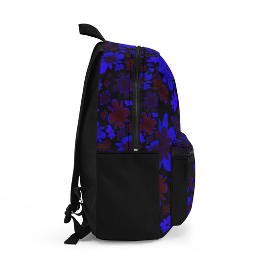 Custom blue flower backpack featuring a vibrant floral design with blue and purple flowers on a black background