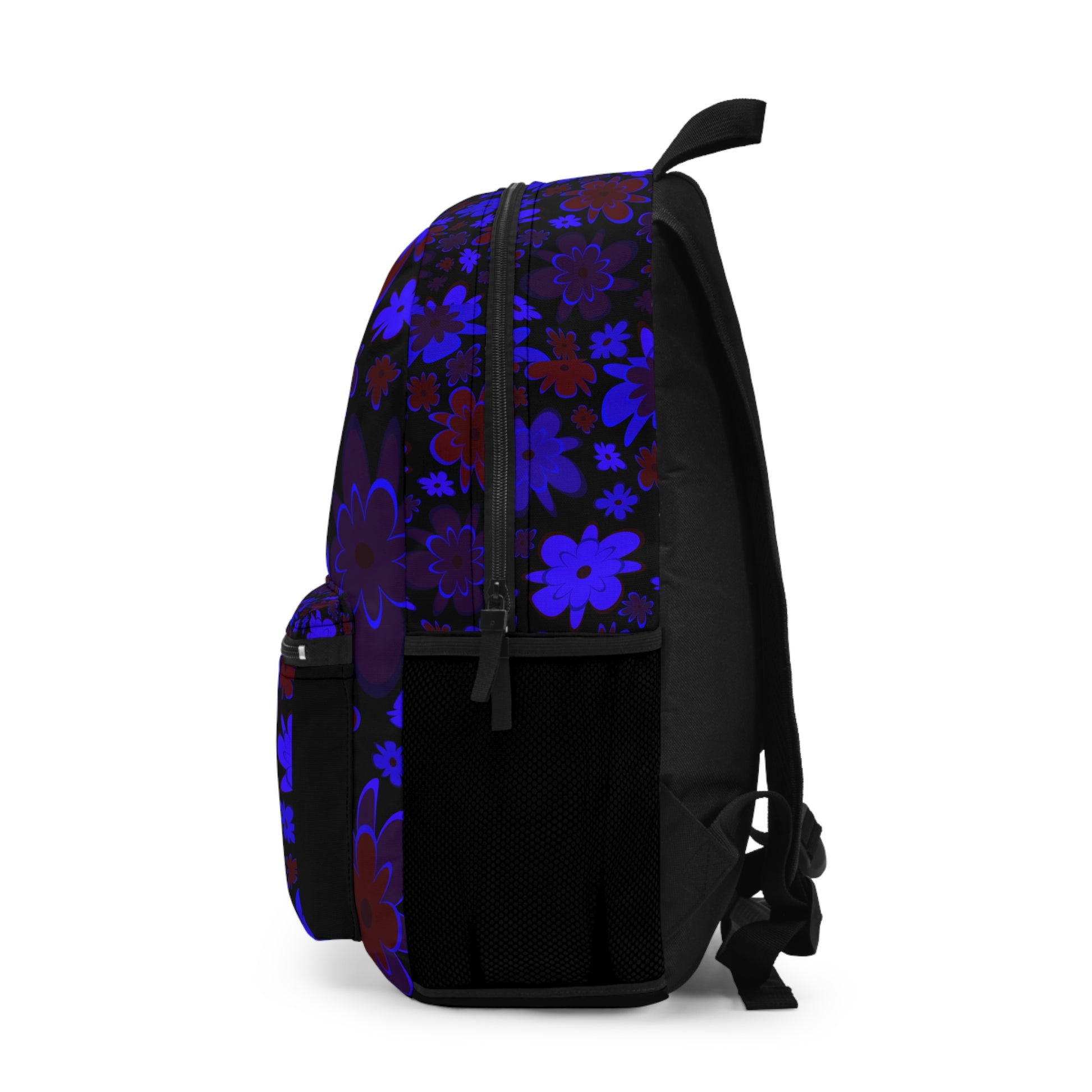Custom blue flower backpack featuring colorful floral patterns and spacious compartments