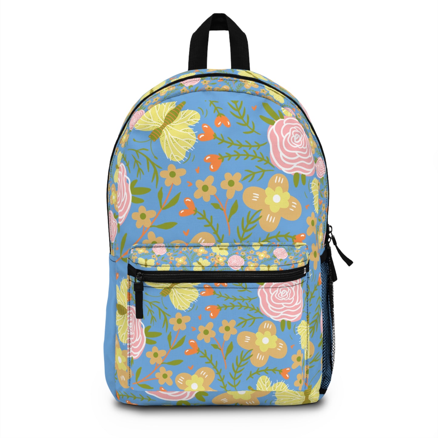 Custom butterfly and flower backpack with vibrant floral patterns on a blue background