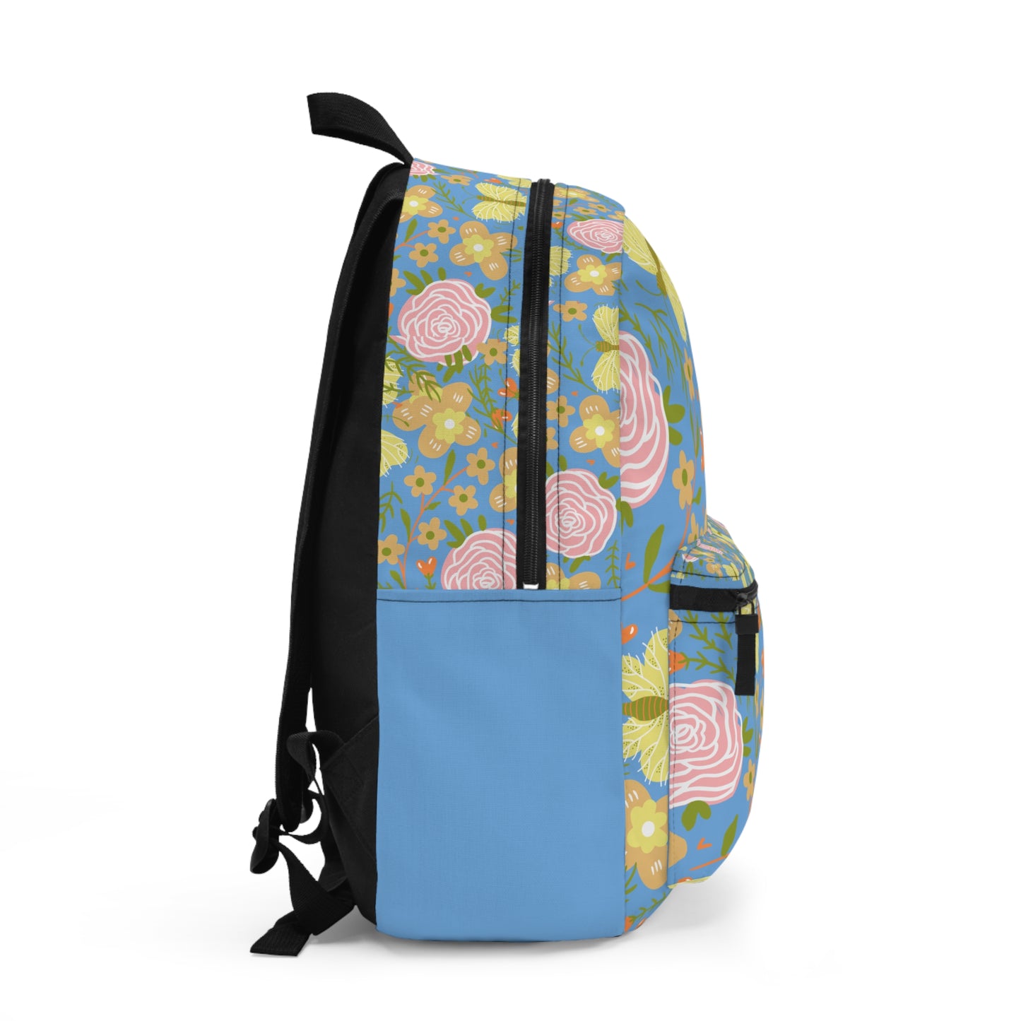 Side view of a custom butterfly and flower backpack with vibrant floral patterns and a blue bottom panel