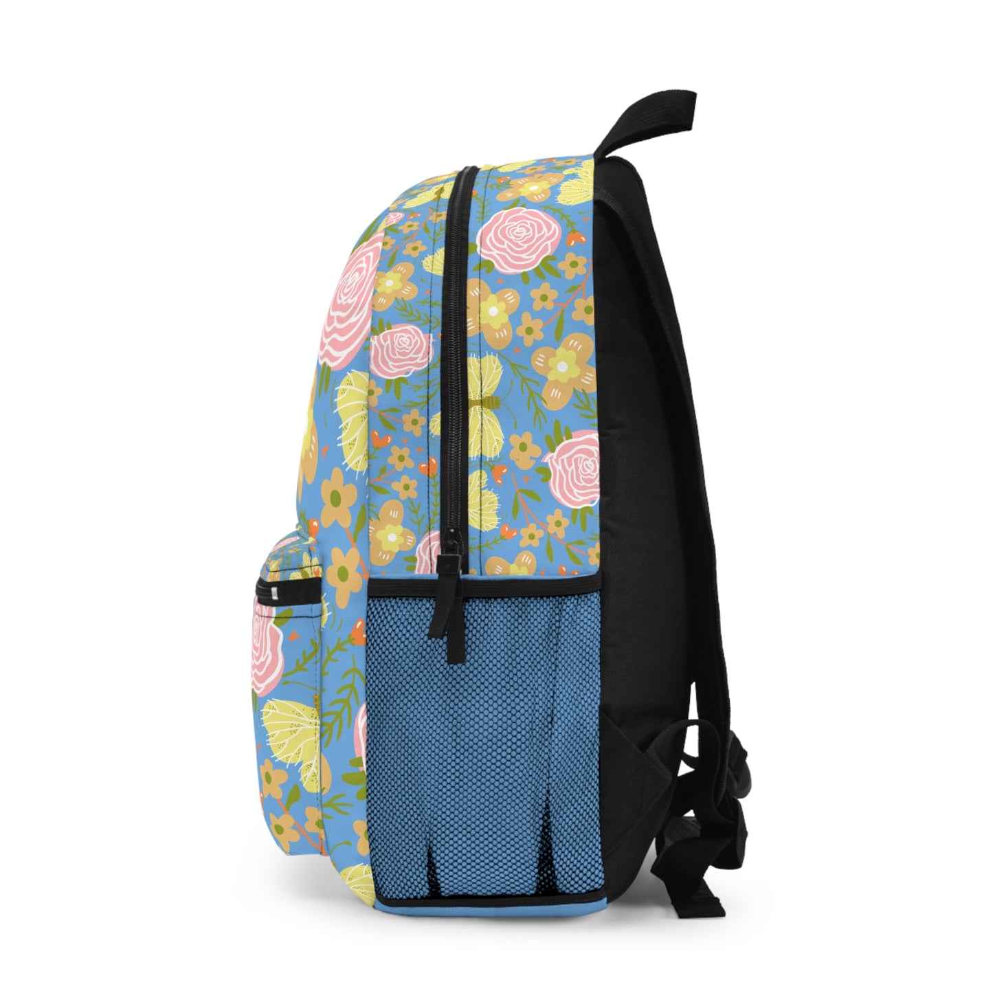 Custom butterfly and flower backpack featuring vibrant floral patterns and a blue background