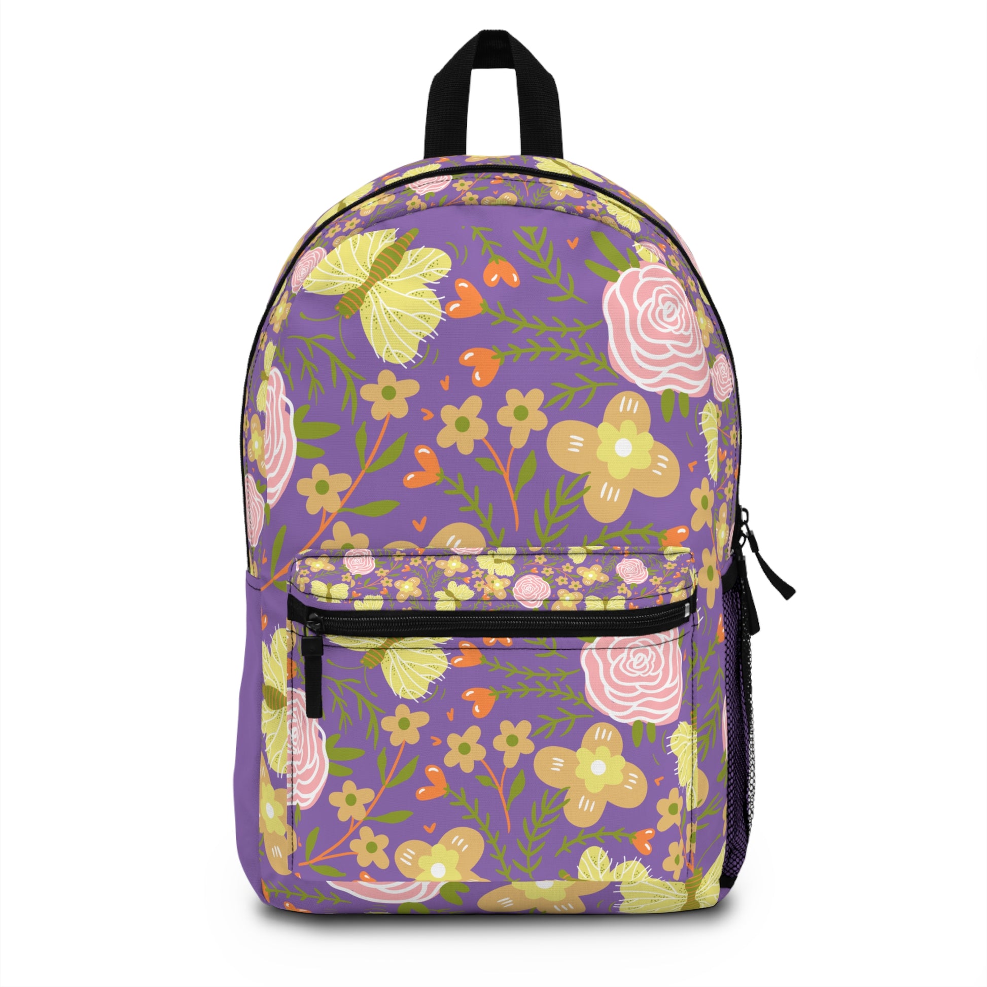 Custom butterfly floral backpack featuring vibrant flowers and butterflies on a purple background
