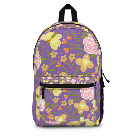 Custom butterfly floral backpack featuring vibrant flowers and butterflies on a purple background