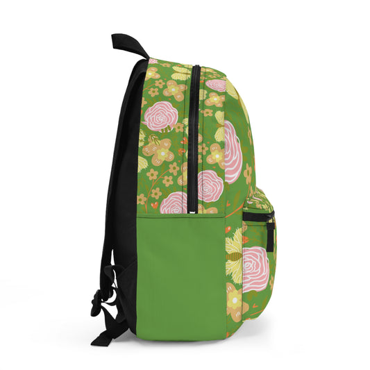 Side view of a custom butterfly floral backpack featuring vibrant floral patterns on a green background
