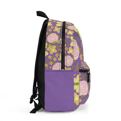 Custom butterfly floral backpack with vibrant colors and intricate flower patterns on a purple base