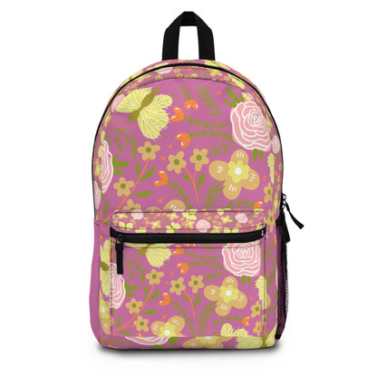 Custom butterfly flower backpack featuring a vibrant floral design on a pink background