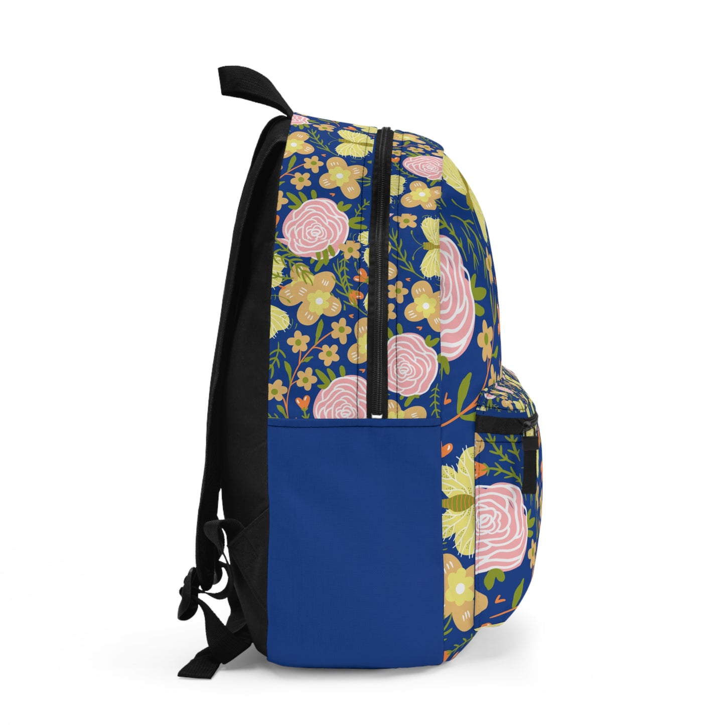 Custom butterfly flower backpack featuring vibrant floral patterns against a blue background