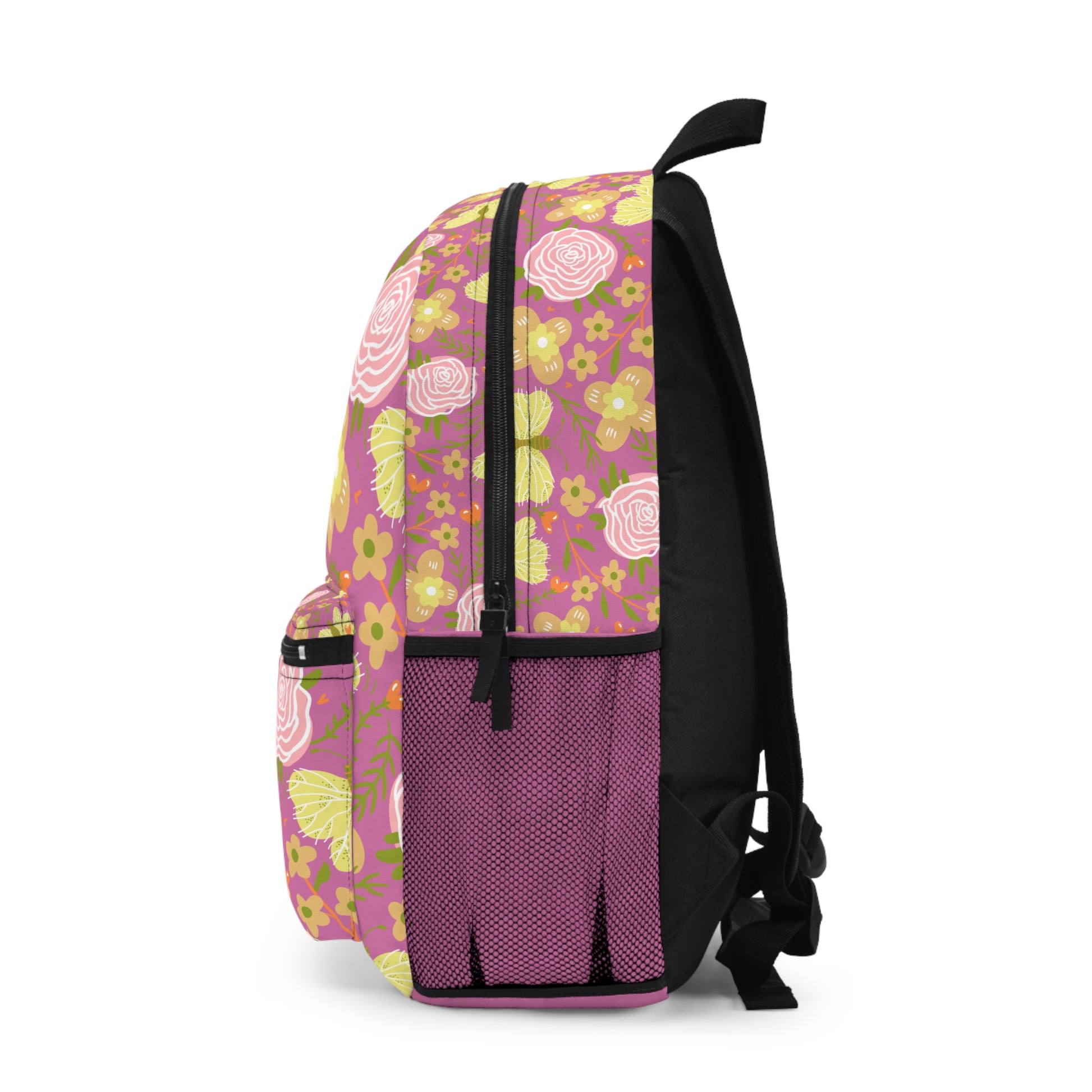 Custom butterfly flower backpack featuring a vibrant floral design and spacious side pockets