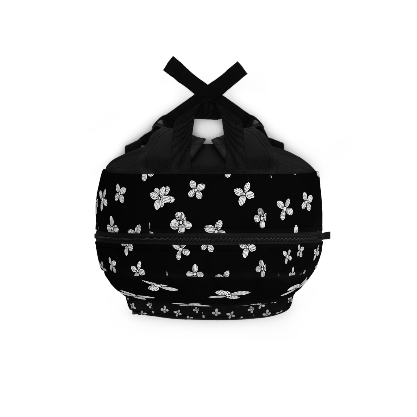 LuckeLadybug custom design backpack featuring a floral pattern on a black background