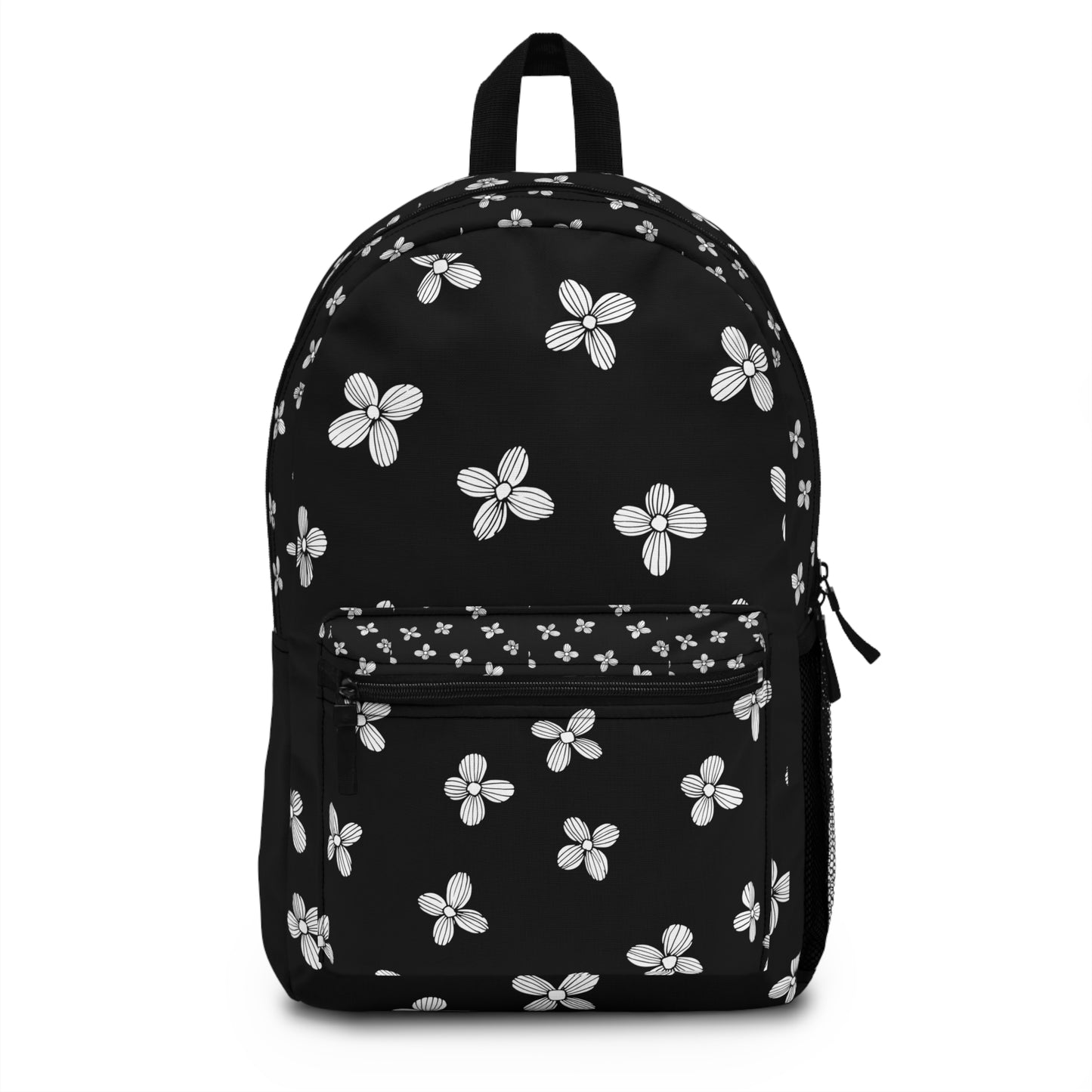 LuckeLadybug custom design backpack with a black floral pattern and zippered front pocket