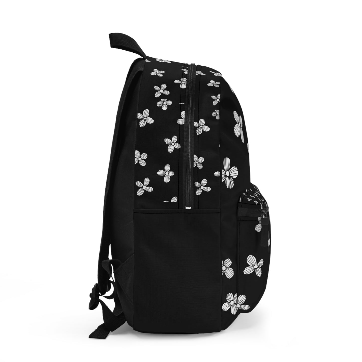 Custom design backpack by LuckeLadybug featuring a stylish black background with white floral patterns