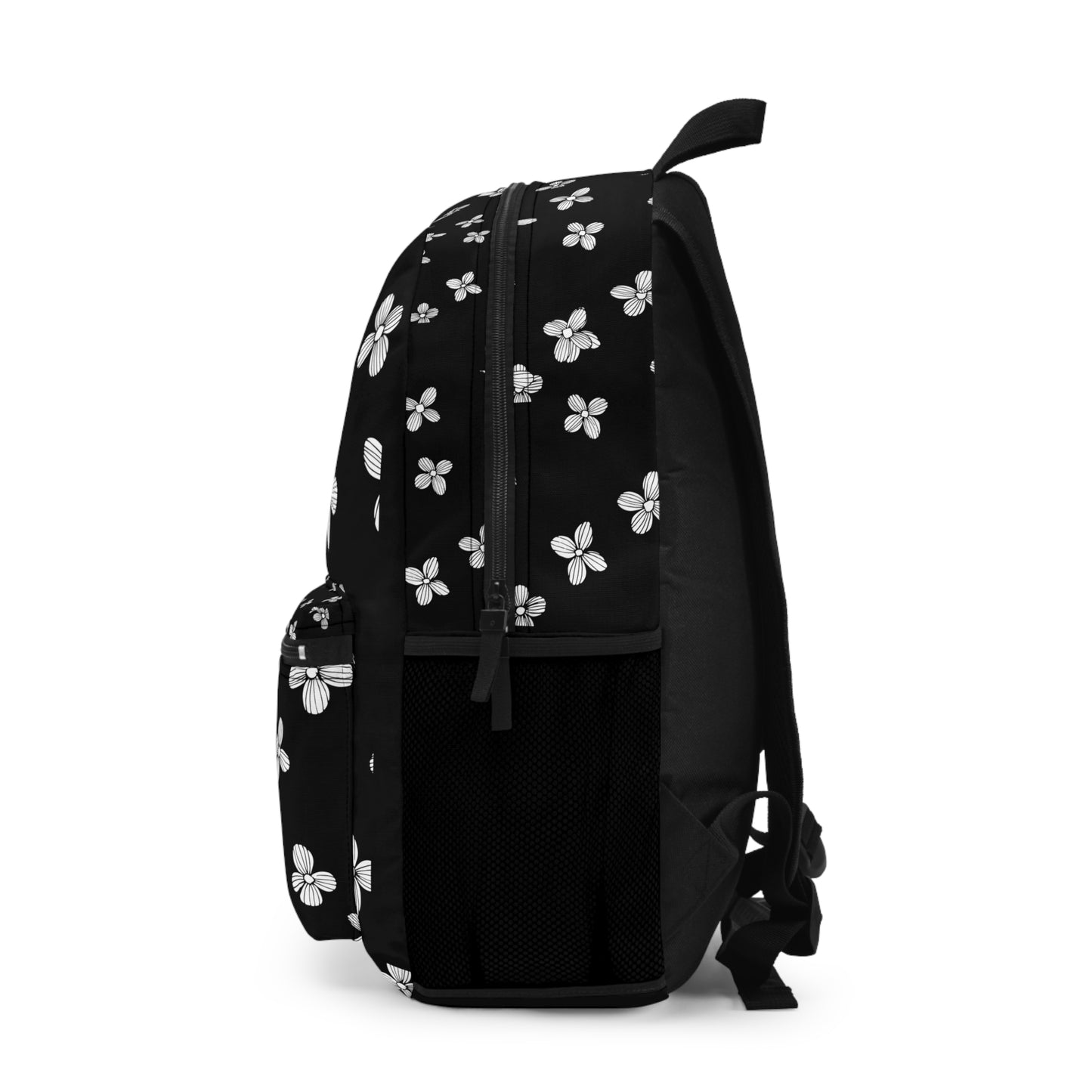 LuckeLadybug custom design backpack featuring a black floral pattern and spacious compartments