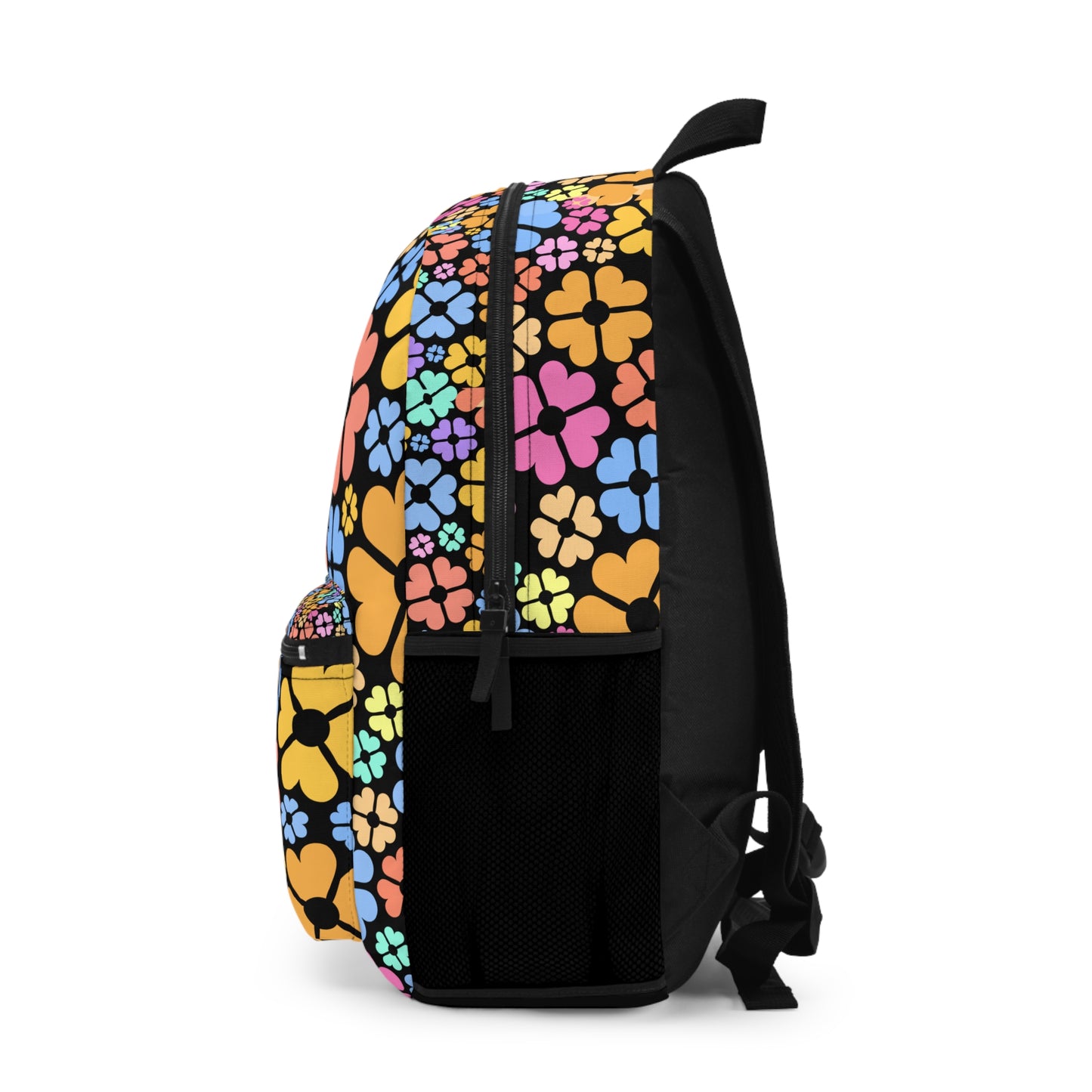 LuckeLadybug custom design backpack in vibrant floral pattern with multiple colors