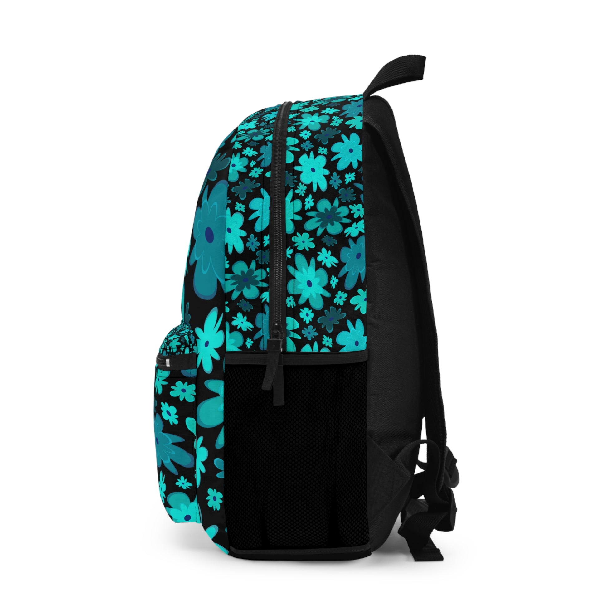 LuckeLadybug custom design backpack featuring a vibrant floral pattern in teal and black
