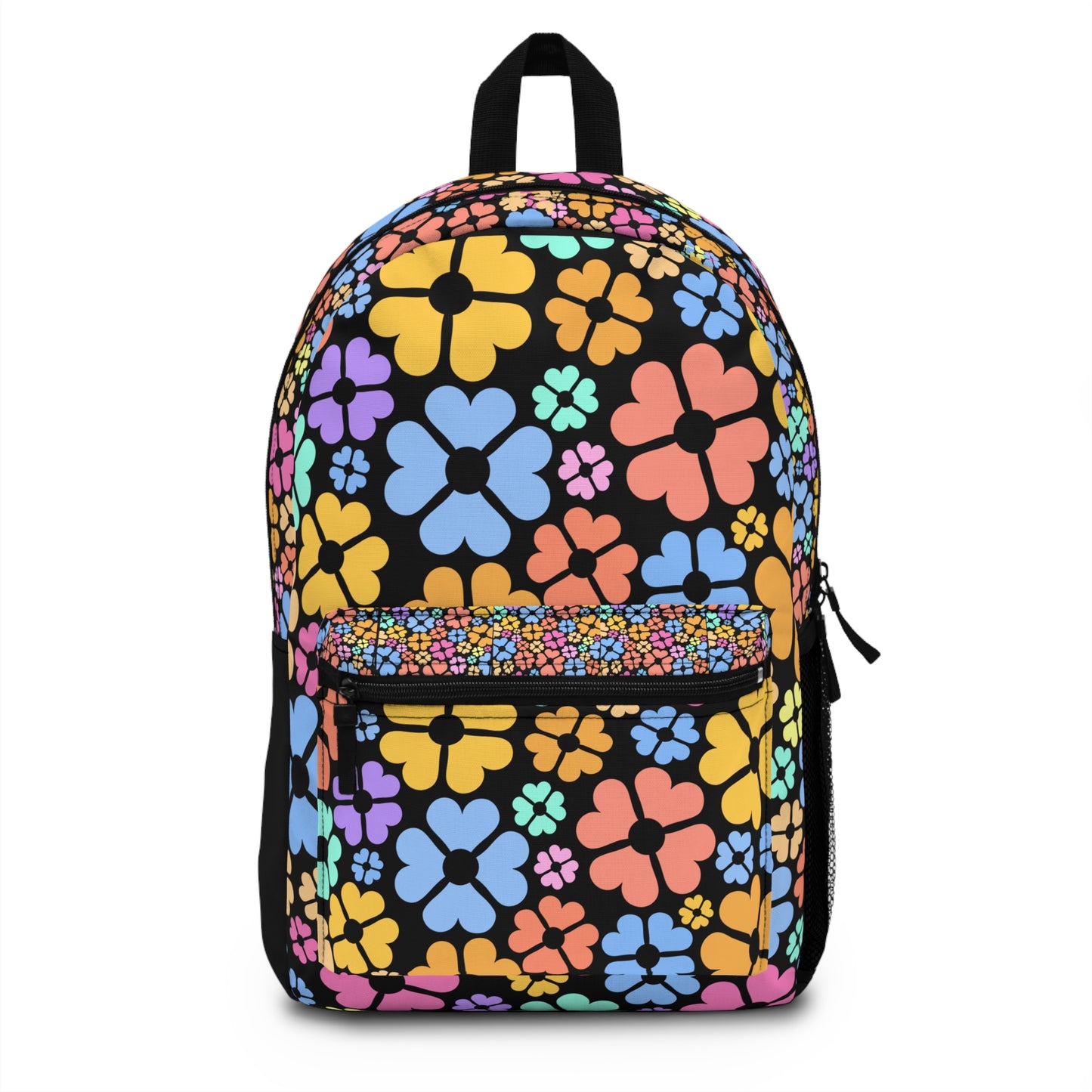 LuckeLadybug custom design backpack featuring colorful floral patterns on a black background