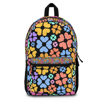 LuckeLadybug custom design backpack featuring colorful floral patterns on a black background