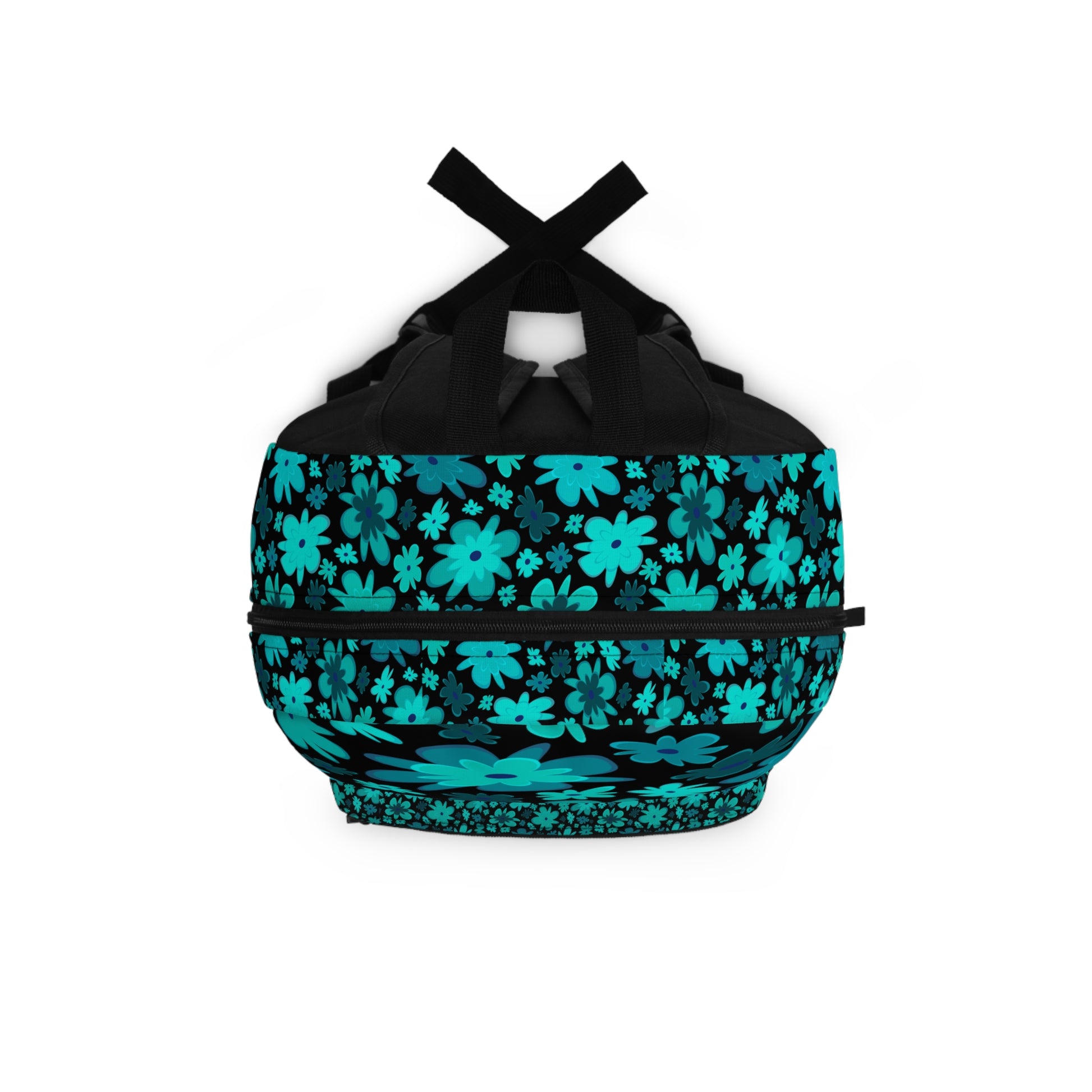 LuckeLadybug custom design backpack featuring a vibrant floral pattern in teal and black
