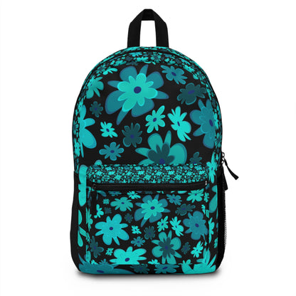 LuckeLadybug custom design backpack with vibrant teal floral pattern on a black background