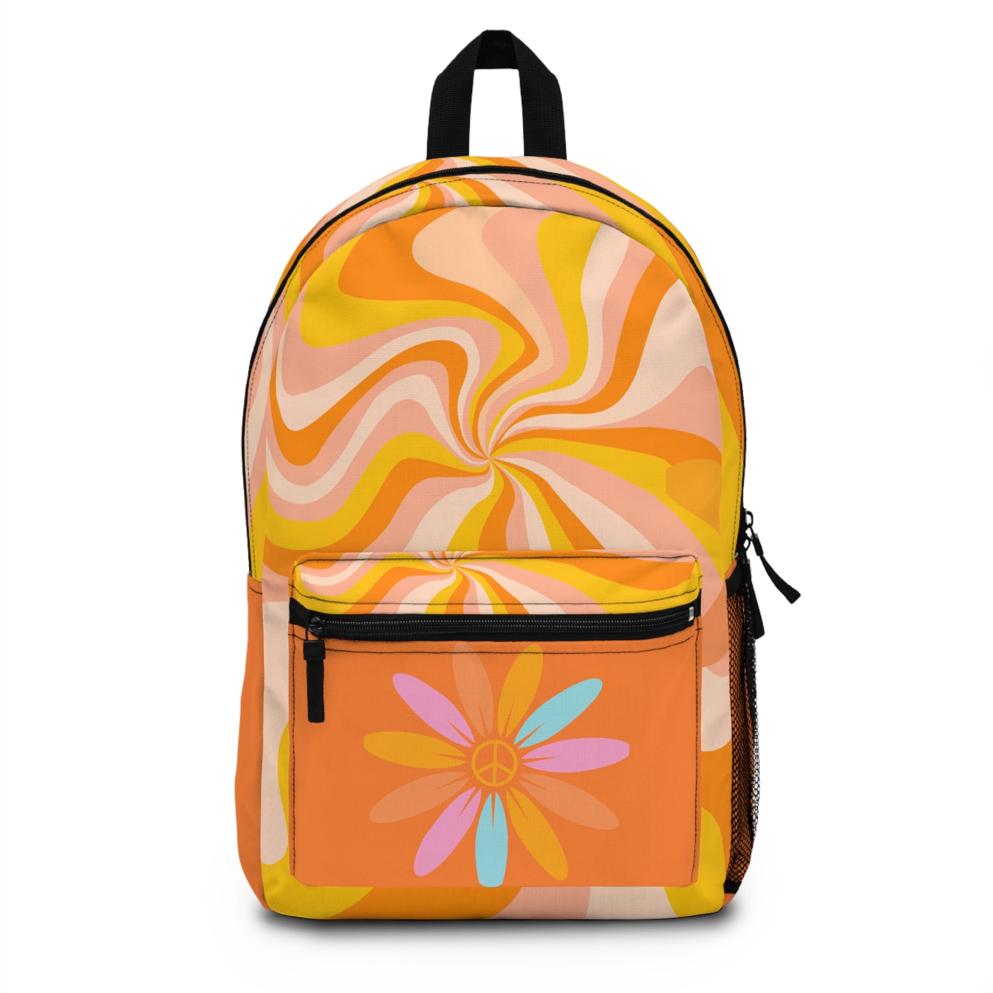 Custom design backpack with a colorful swirl pattern and flower graphic on the front pocket