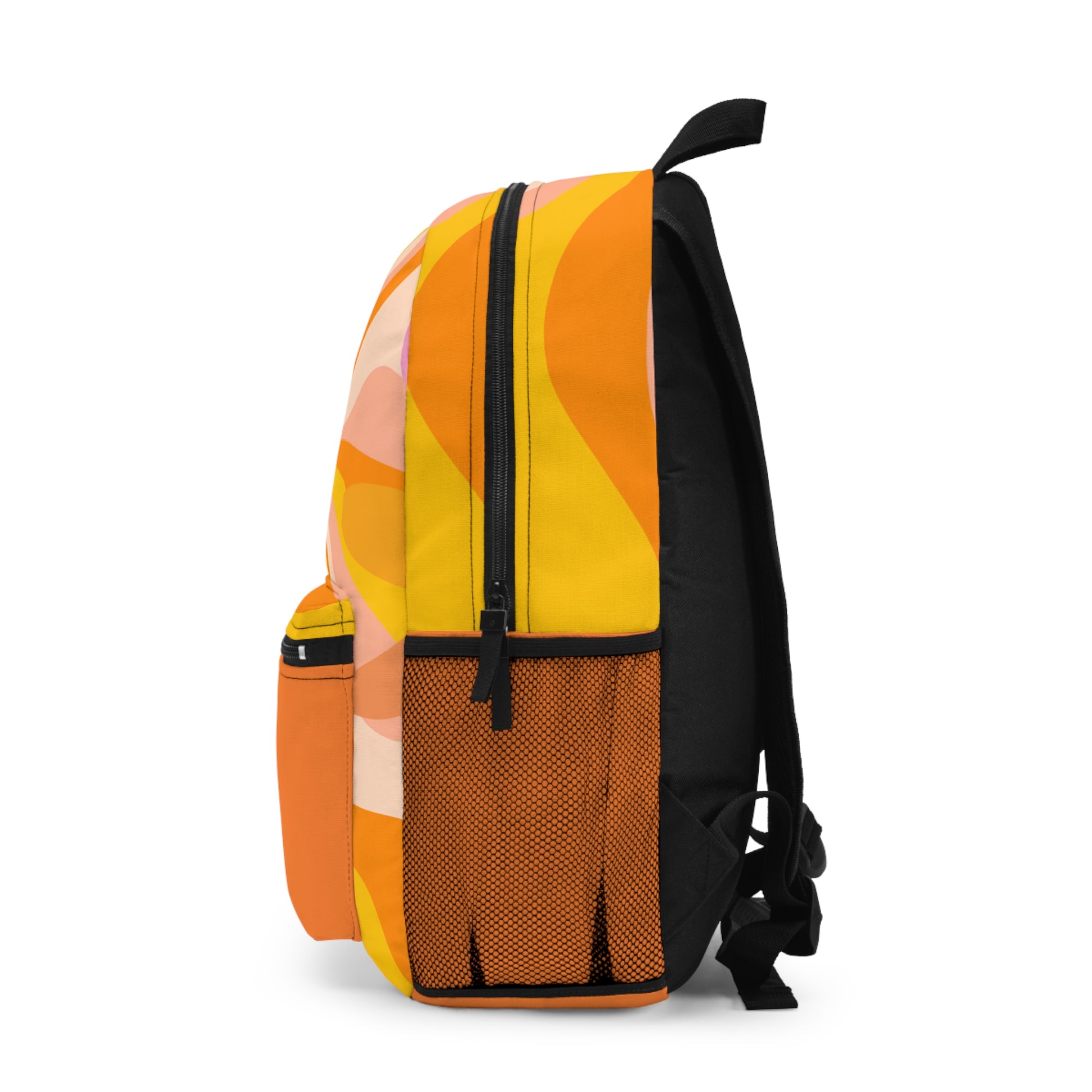 Custom design backpack in vibrant orange and yellow patterns with adjustable straps and side pockets