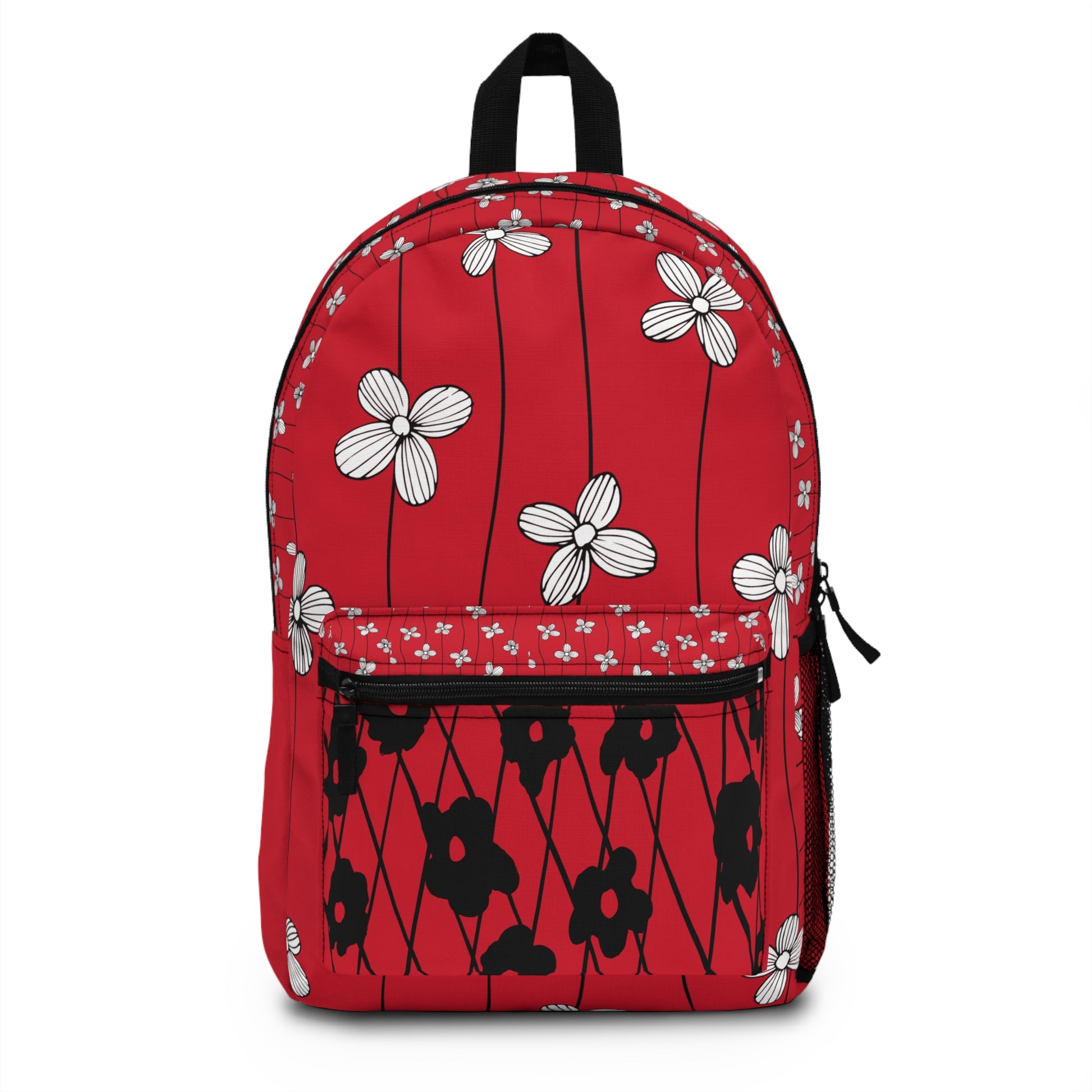 LuckeLadybug custom design backpack in red with floral patterns and front zipper pocket