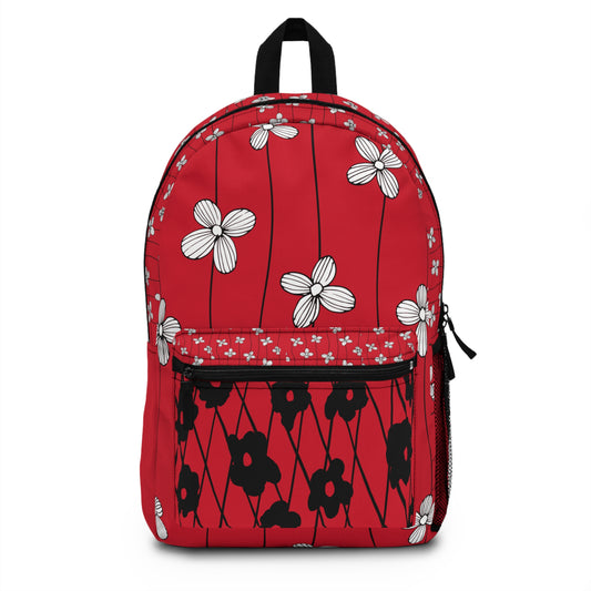 LuckeLadybug custom design backpack in red with floral patterns and front zipper pocket