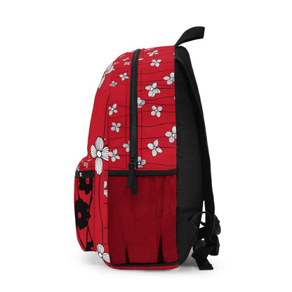 LuckeLadybug Custom Design Backpack in Red with Floral Patterns and Side Pockets