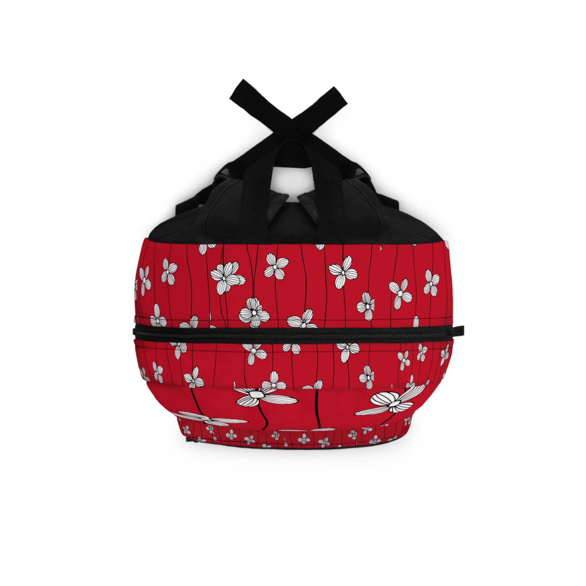 LuckeLadybug custom design backpack featuring a vibrant red floral pattern with black accents