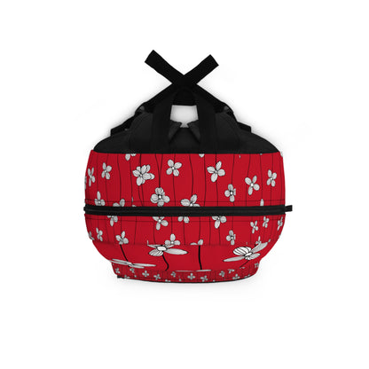 LuckeLadybug custom design backpack featuring a vibrant red floral pattern with black accents