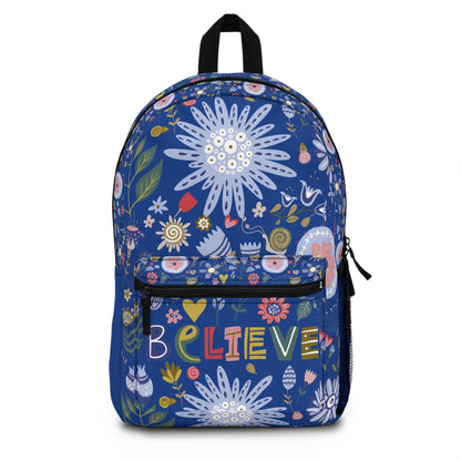 LuckeLadybug custom design believe backpack with vibrant floral pattern and inspirational graphics