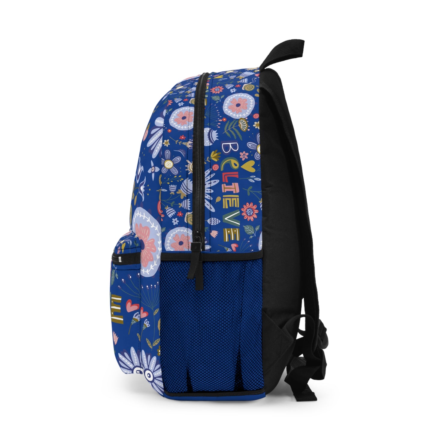 LuckeLadybug custom design believe backpack in blue with colorful floral patterns and inspirational text