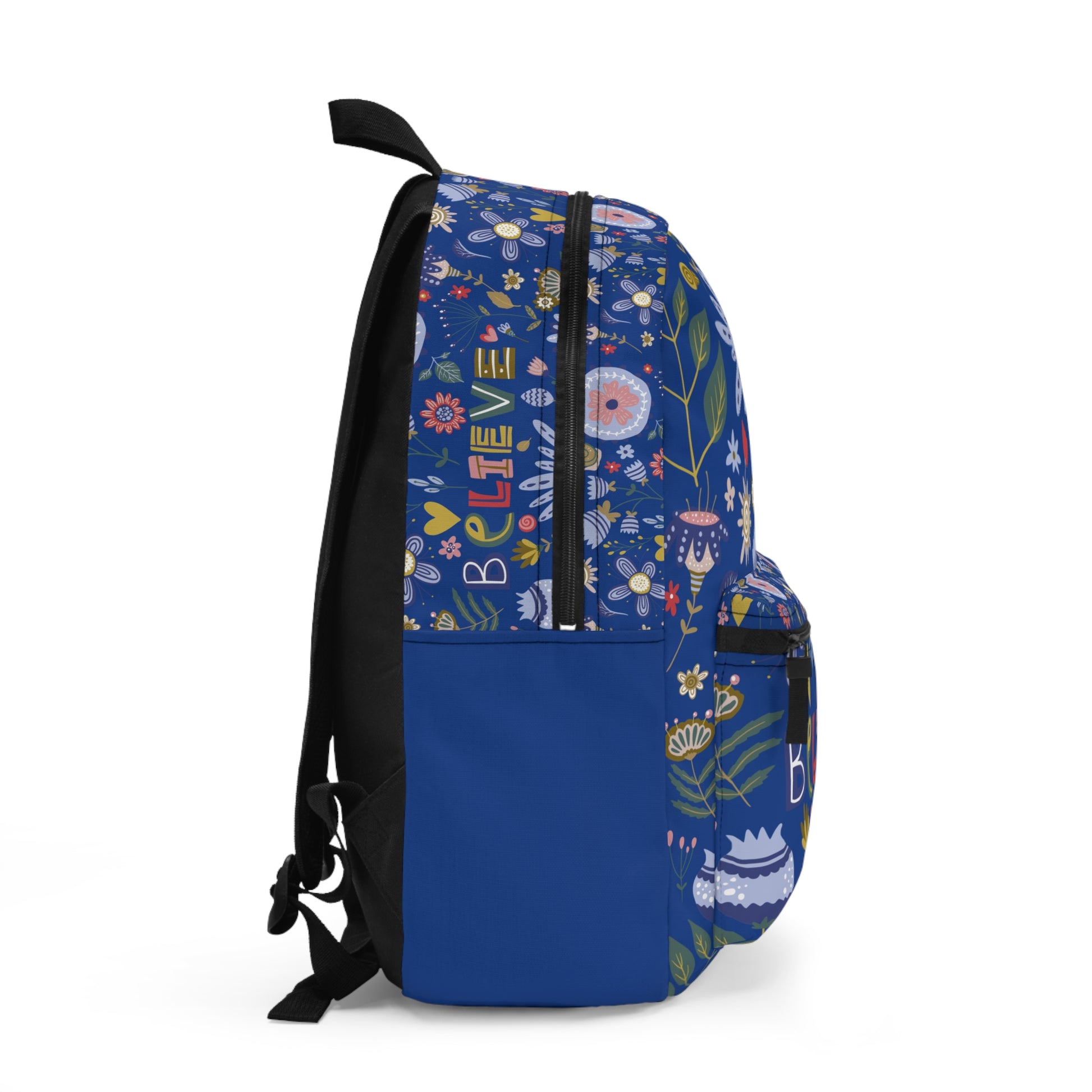 LuckeLadybug custom design believe backpack featuring vibrant floral patterns and a spacious side pocket