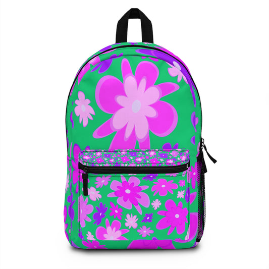 LuckeLadybug custom floral backpack featuring vibrant pink and green flower patterns