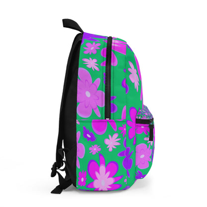 LuckeLadybug custom floral backpack featuring vibrant green and pink flower patterns
